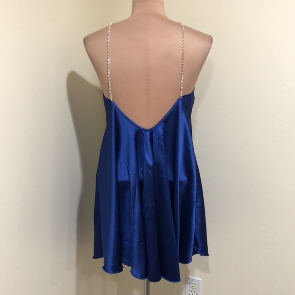 Francesca’s Collection Dress Size Large Blue Silver Rhinestone Caged Plunge Neck - Picture 5 of 8